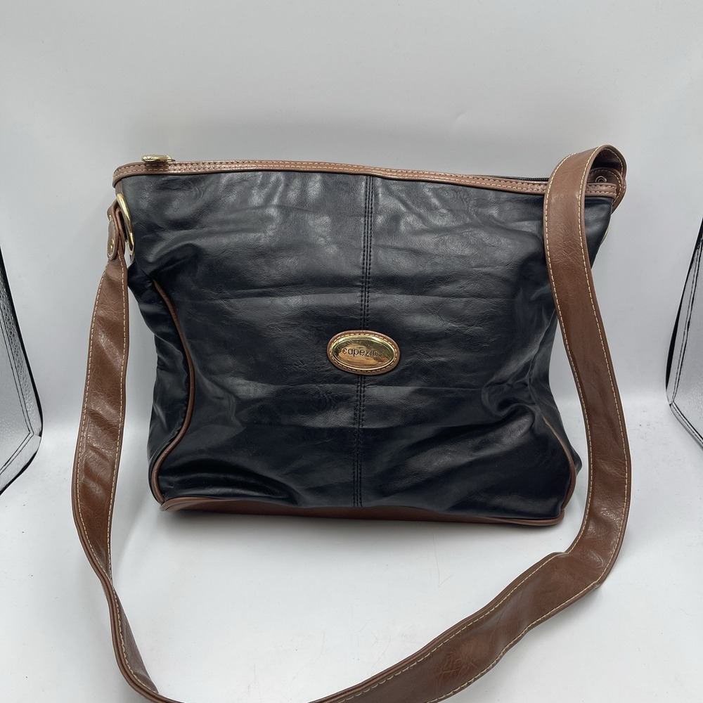 70's Retro Capezio Purse Bag Faux Leather Black w/Brown Zip Closure
